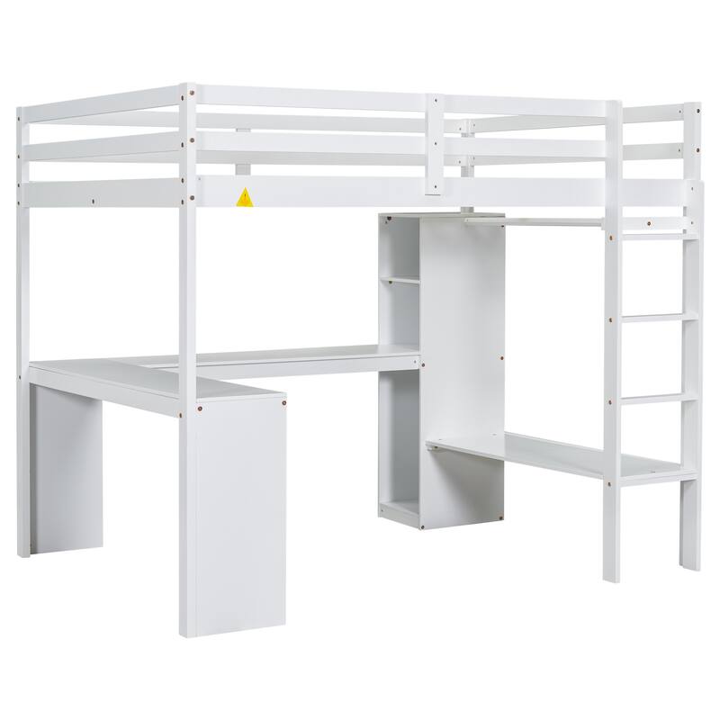 MERAX Loft Bed with L-shaped Desk, Wardrobe and Storage Shelves