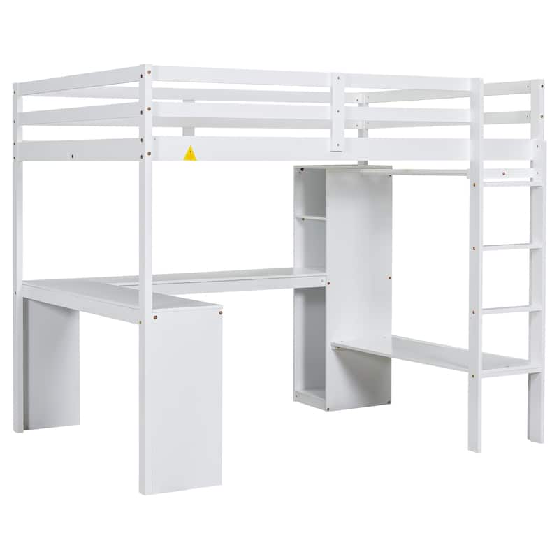 Solid Wood Loft Bed with L-shaped Desk and Storage Shelves