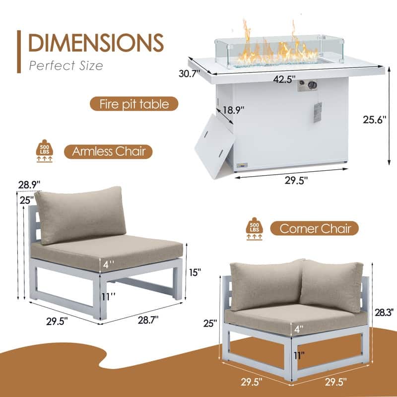 FINCATI Modern 7 Piece White Aluminum Outdoor Furniture Set with Propane/Natural Gas Firepit Table