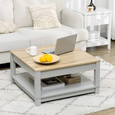 HOMCOM Coffee Table with Storage Shelf, Square Center Table with Thick Tabletop for Living Room, Natural and Gray