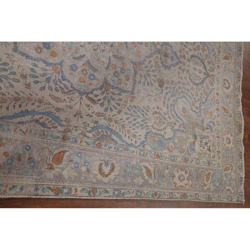 Antique Floral Distressed Tabriz Persian Rug Hand-knotted Wool Carpet - 6'8" x 10'0"