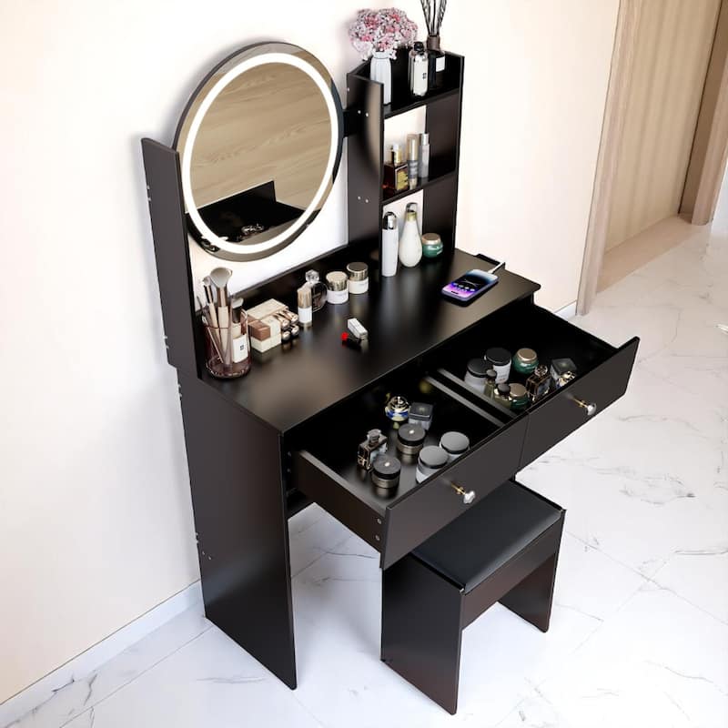 Modern Vanity Set with Touch LED Mirror, Built-in 2 AC Outlets, USB & Type-C Charging, Stool Included, Makeup Storage Desk