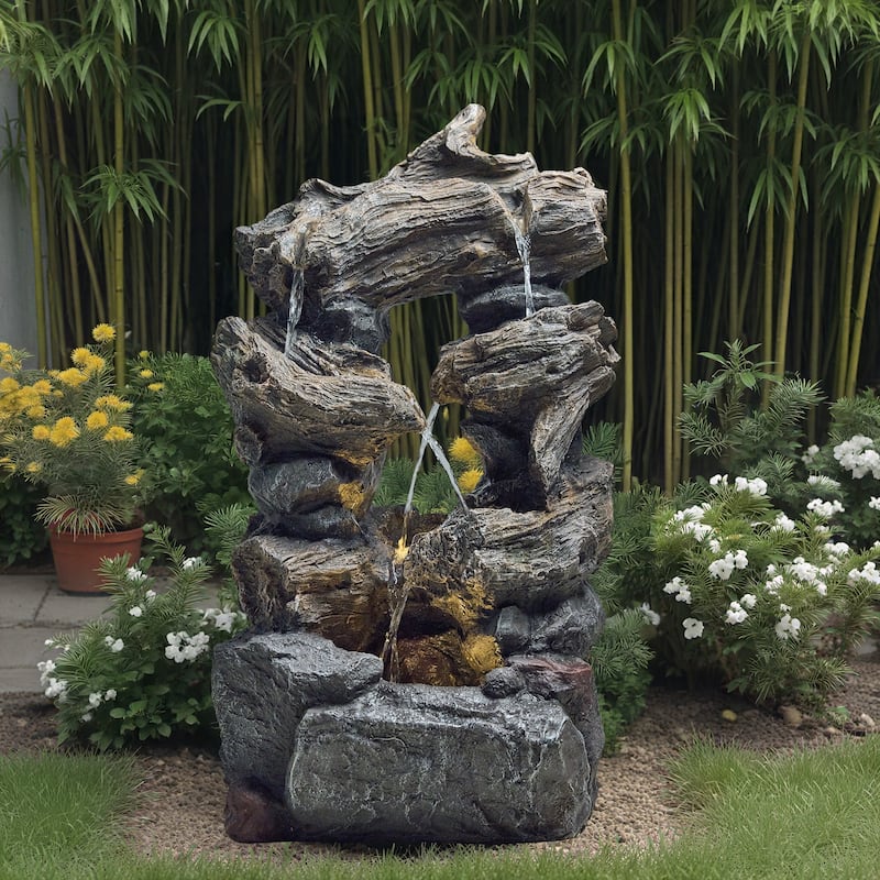 Outdoor 4-Tier Hand Crafted Polyresin Rainforest Wood Weather Resistant Fountain