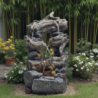 Outdoor 4-Tier Hand Crafted Polyresin Rainforest Wood Weather Resistant Fountain