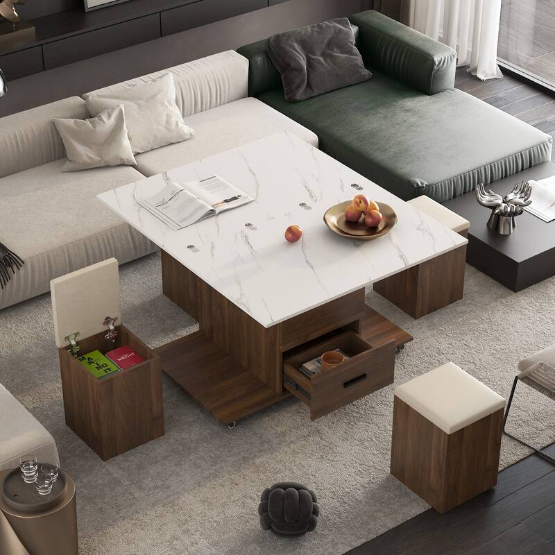 Lift Top Coffee Table Set with 4 Stools, Center Table with Hidden Storage & Drawers, Living Room Table with Lockable Wheels