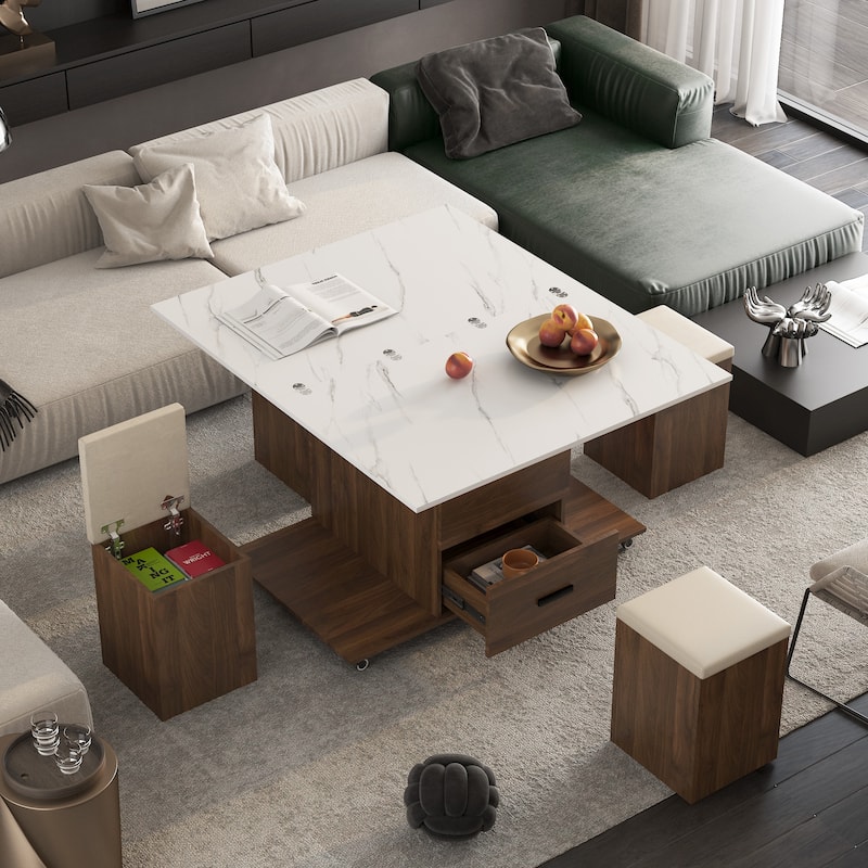 Modern Lift-Up Coffee Table with 4 Stools Set Expandable 1 Hidden Storage + 2 Drawers Space Saving Folding Dining Table