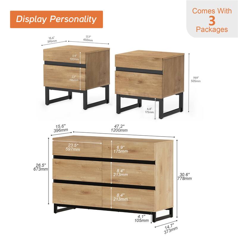 3-Piece Bedroom Furniture Set,Dresser &Chest With 6 Drawers,2 Nightstand For Bedroom, Bedroom Furniture Set