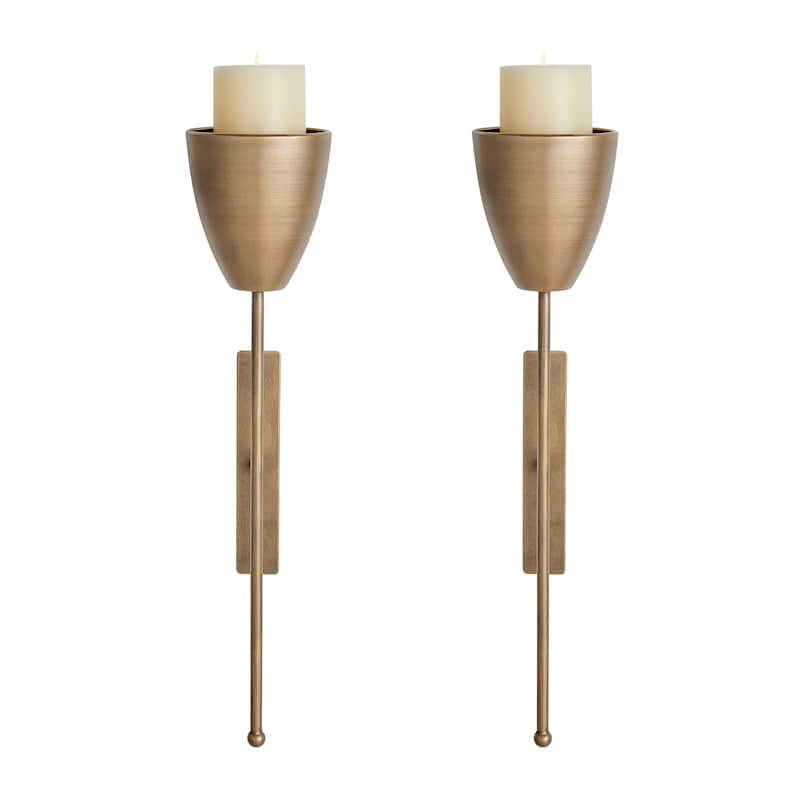 Antique Brass Mid-Century Modern Metal Wall Mount Vertical Pillar Candle Sconces Set of 2