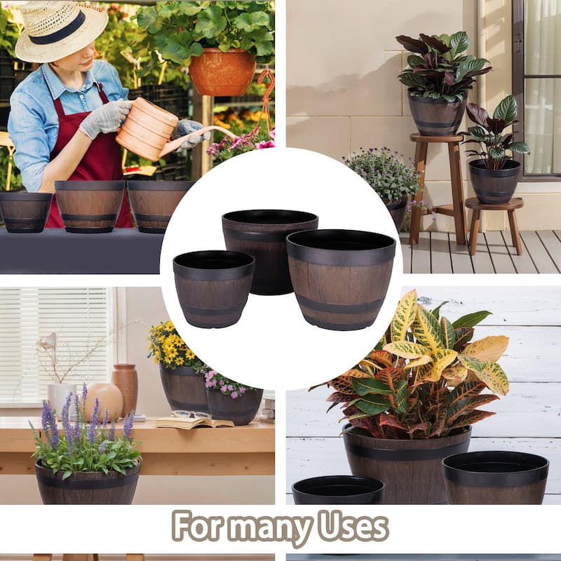 Javlergo (9"/11.3"/13") 3-Pack Different Size Plastic Planter Whiskey Barrel Planter Decoration Flower Pots with Drainage Holes