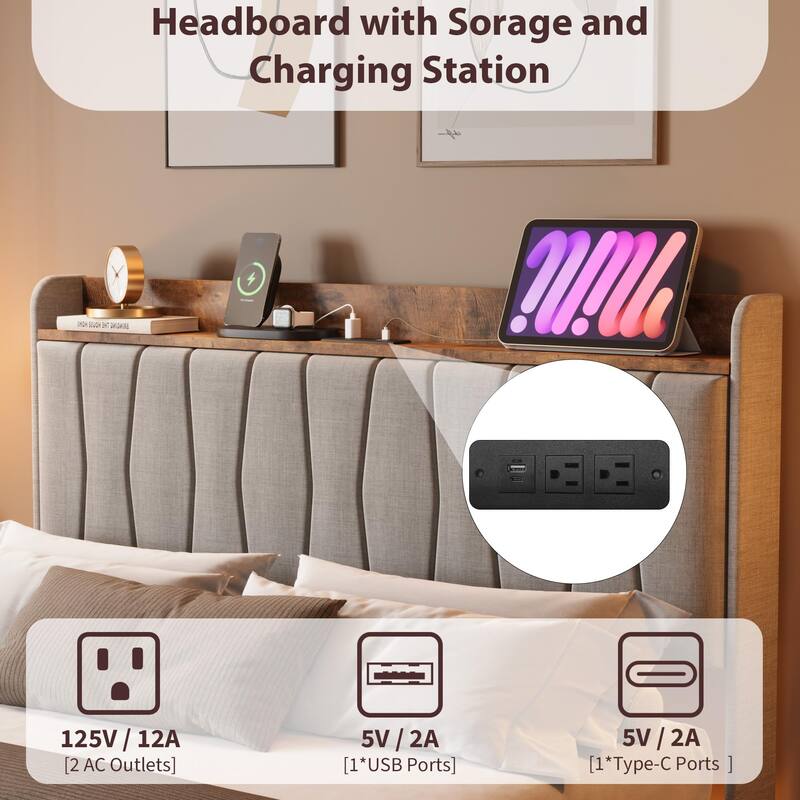 Full/Queen/King Floating Bed Frame with LED Lights & Charging Station, Upholstered Platform Bed with Storage Headboard