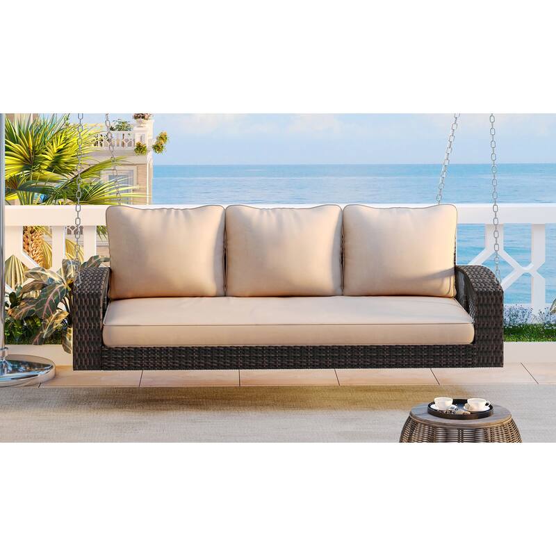 69" PE Wicker 3-Person Porch Swing with Chains and Cushions