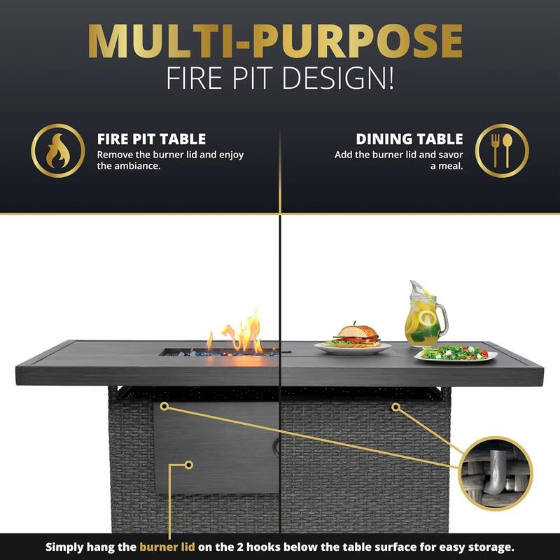 Kinger Home Novi Rattan Propane Gas Fire Pit Table Aluminum Frame - 52-Inch
