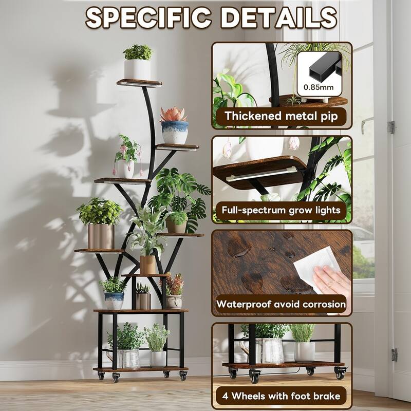 64" 8-Tier Metal Plant Stand with Integrated Grow Lights – Tall Indoor Gardening Shelf for Balcony/Living Room Display.