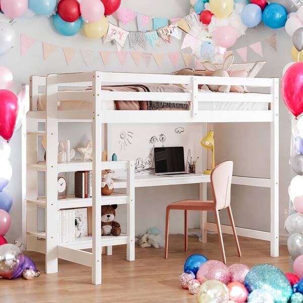 slide 2 of 25, Twin Size Loft Bed With Shelves,Desk and Writing Board for Home White