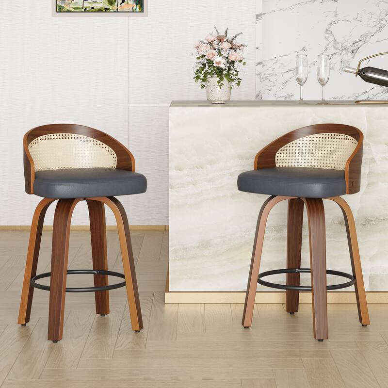 2-Piece Swivel Barstool Set - Modern Wood Frame with Rattan Back & PU Leather