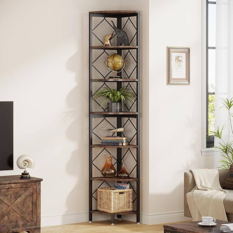7-Tier Corner Shelf, 78" Tall Bookshelf, Industrial Wood Display Shelf
