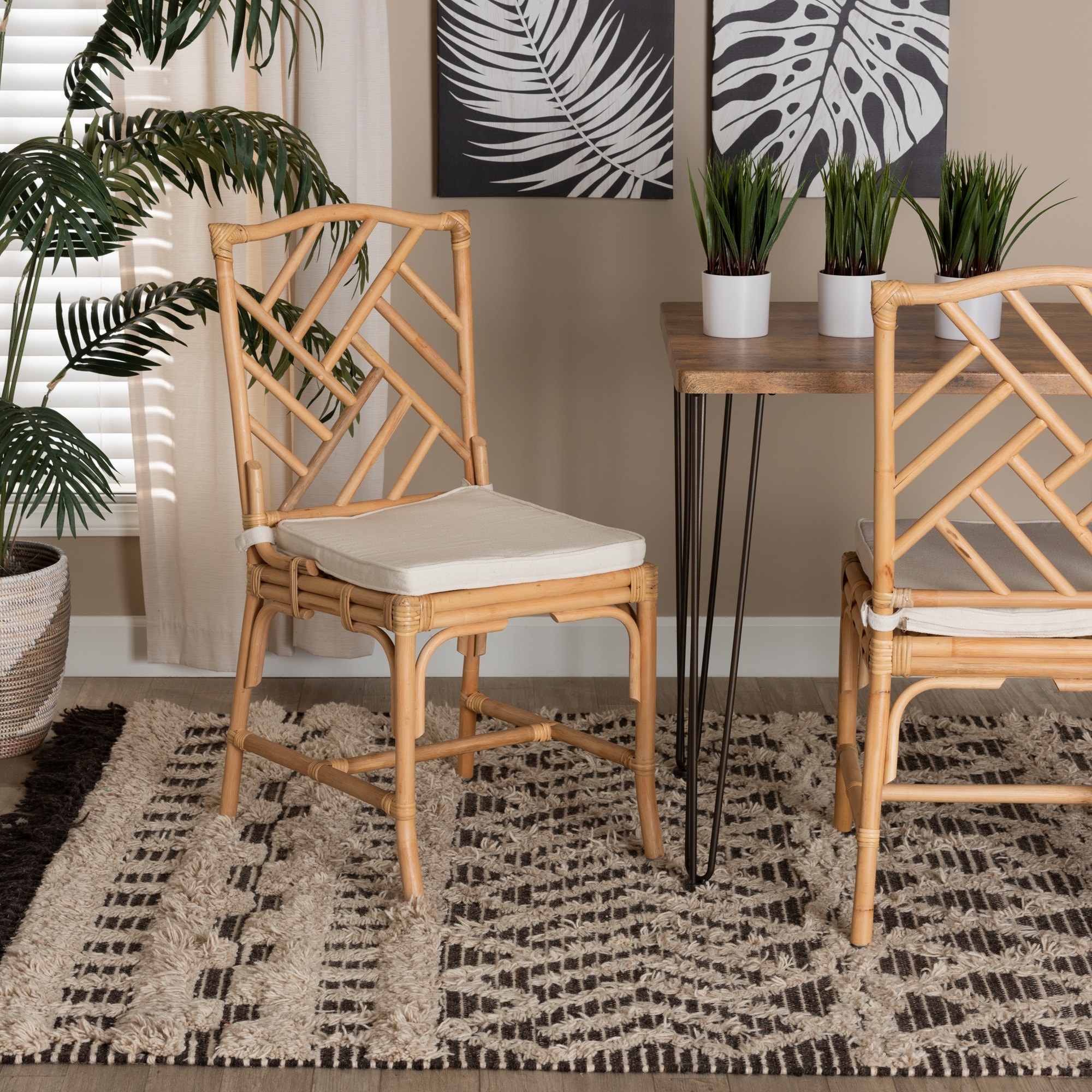 Rio Natural Rattan Dining Chair - Handwoven Wicker Accent Side Chair with Removable Cushion, for Dining Room or Accent Seating