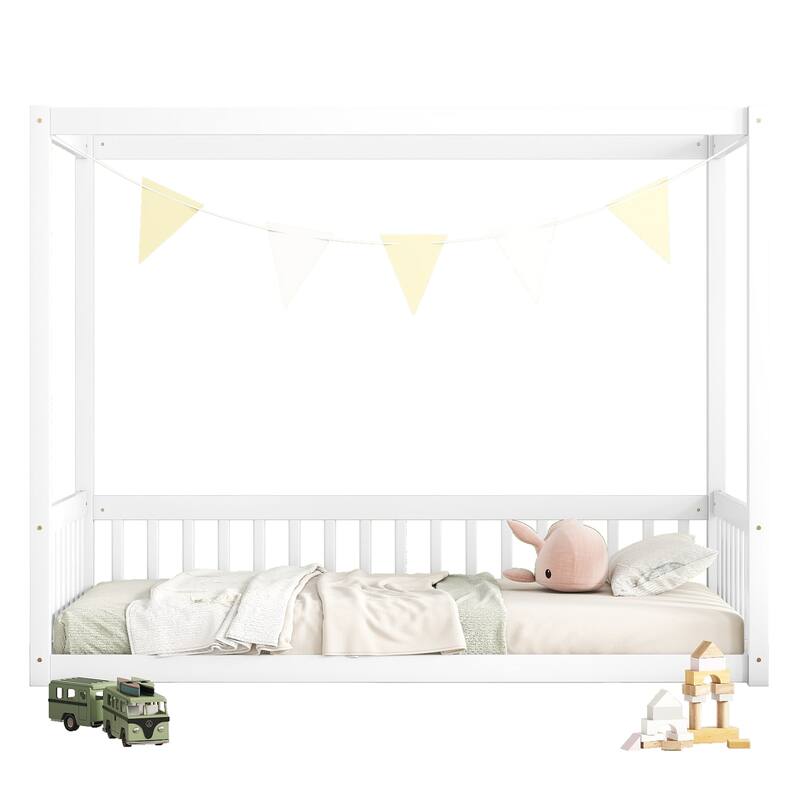 Twin Size Canopy Frame Floor Bed with Fence and Guardrails in White