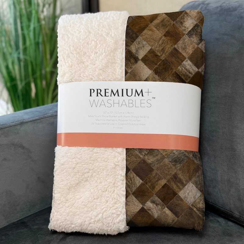 Premium Machine Washable ASB98 Faux Cowhide Sherpa Throw Blanket