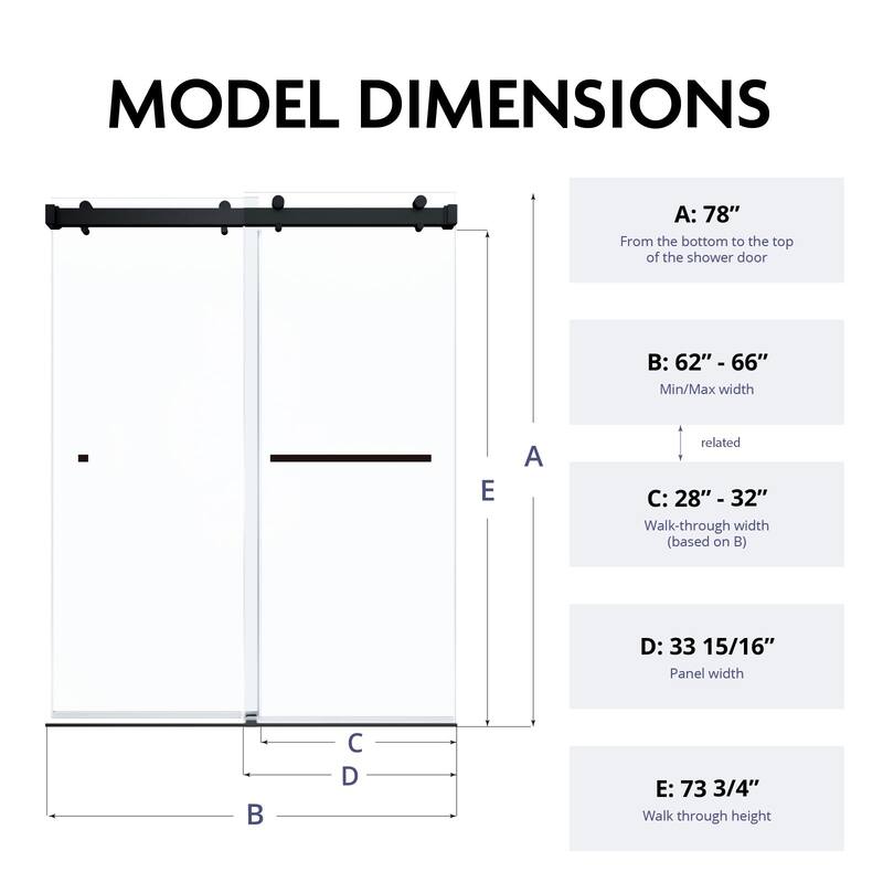VS Series 62" - 66" W X 78" H Soft Closing Frameless Double Sliding Shower Doors With 3/8" Clear Tempered Glass