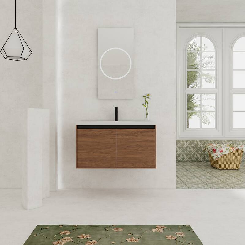 GDFStudio - Levistar Modern Wall-Mounted Bathroom Vanity Set with Scratch-Resistant Resin Sink & Soft Close Doors