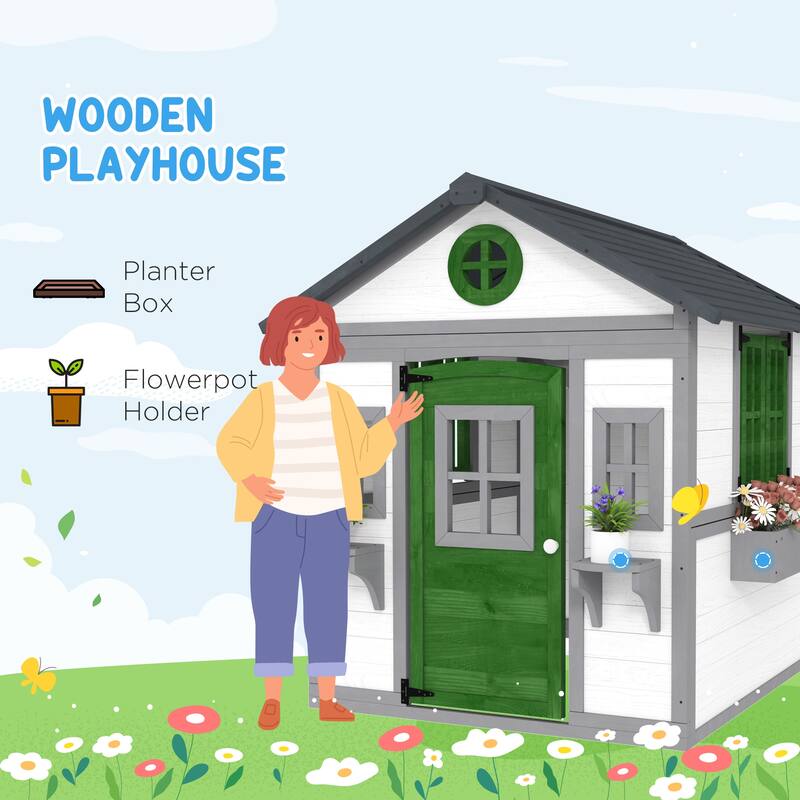 White Green and Dark Gray Wooden Kids Playhouse with Windows and Planter Boxes for Outdoor Backyard Fun Ages 3 to 8