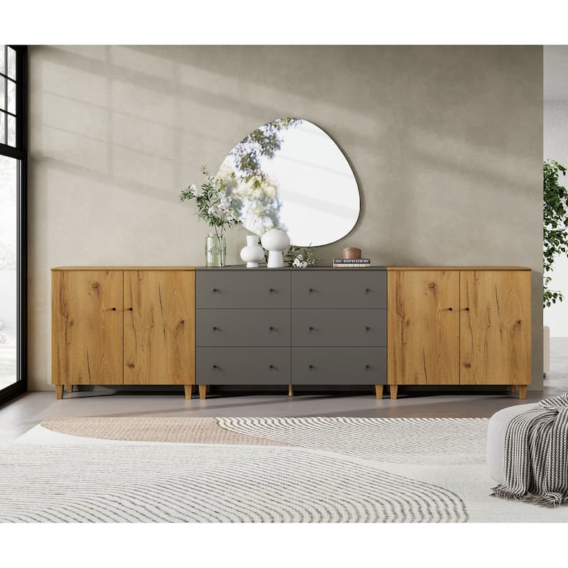 Wood Dresser with 6 Drawers and 2 Cabinets for Bedroom, 118" Wide