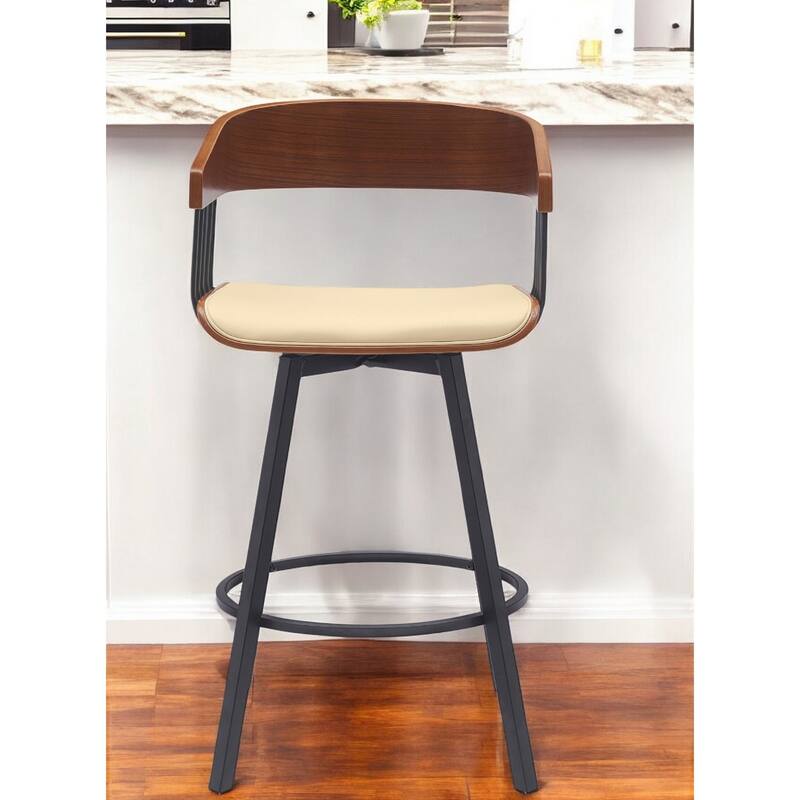 Modern Faux Leather Swivel Counter Stool with Arms and Footrest 27" Seat Height and Metal Legs