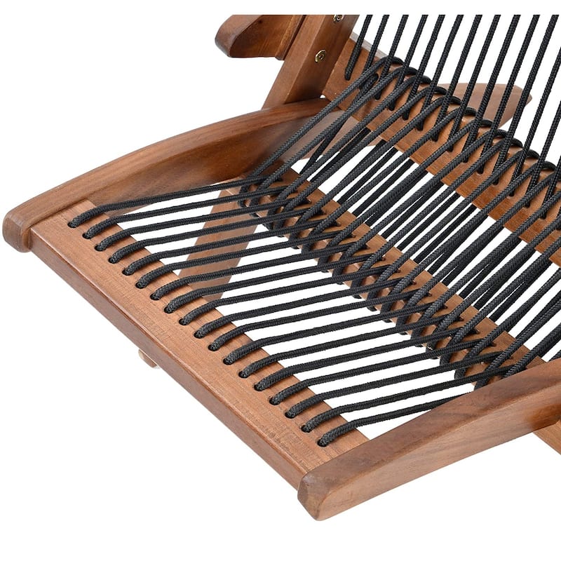 Folding Roping Solid Wood Outdoor Chair, Modern Low Profile Lounge Chair for Patio, Backyard, Deck, Porch, Poolside Garden, Lawn