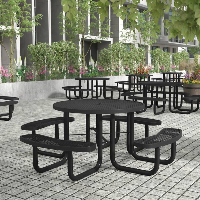 Commercial Grade Expanded Mesh Metal Outdoor Picnic Table with Anchors - 82.5"D x 82.5"W x 29"H