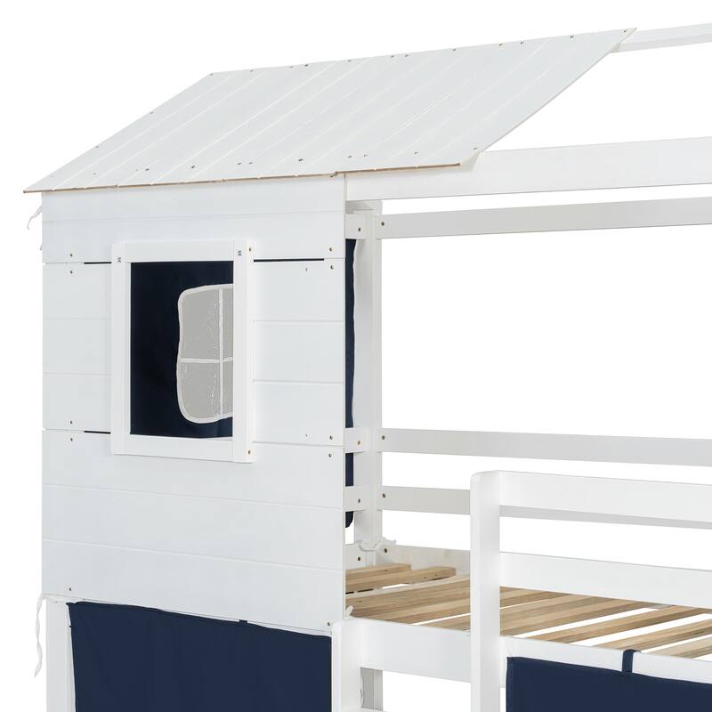 Playhouse Bed Floor Bunk Bed Kids Loft Bed with Tent