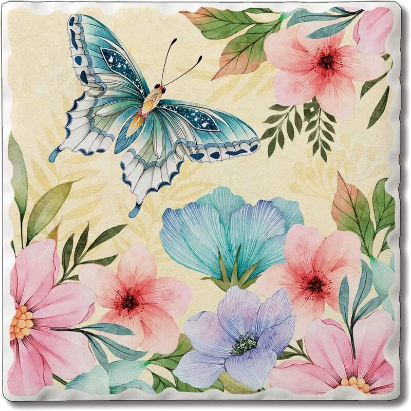 CounterArt Blue Butterfly Bloom Absorbent Stone Tumbled Tile Coaster Set of 4 Made in The USA Protective Cork Backing - Multi