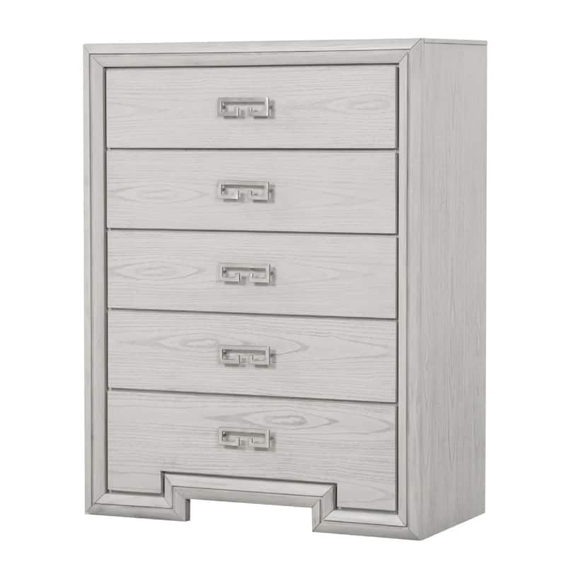 Basil 5 Drawer Tall Dresser Chest, Rustic White Solid Wood, Cedar Lining