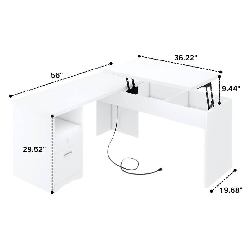 Modern Farmhouse Lift Top L-Shaped Desk with Charge Station, Corner Desk with File Drawers for Home Office