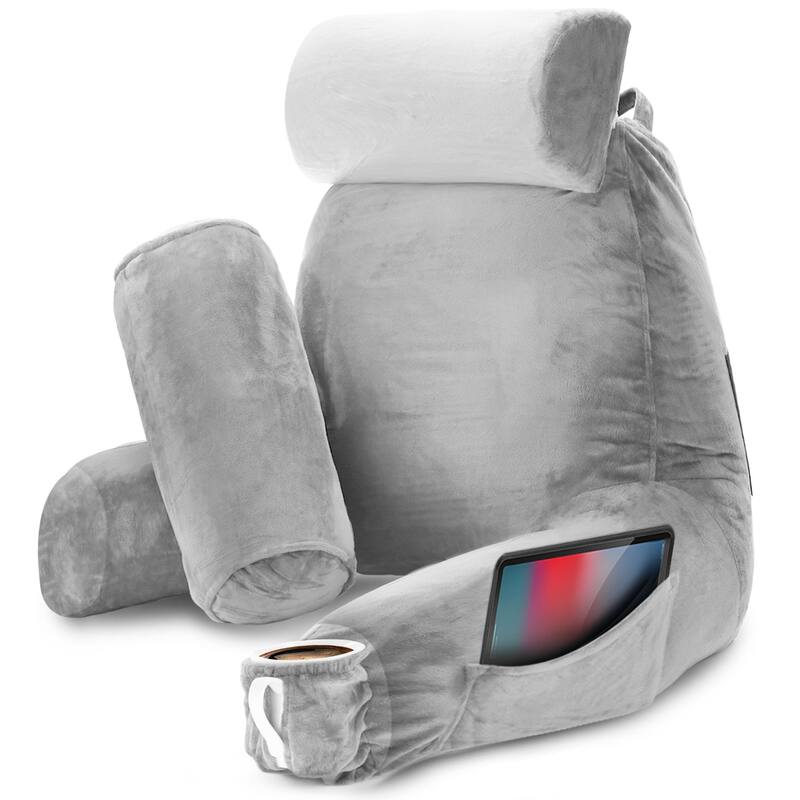 Nestl Memory Foam Reading Pillow with Backrest, Arms and Pockets - Large - Silver