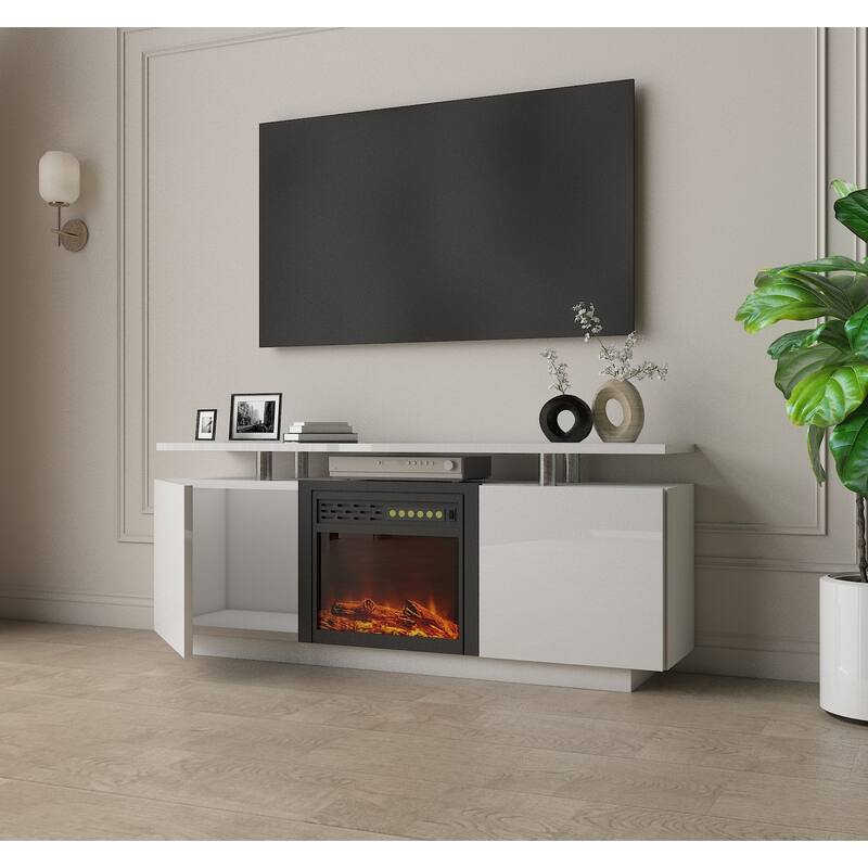 70" High Gloss TV Stand with Built-In Electric Fireplace, 9-Color Flame, Storage Shelves & Remote, for 80" TVs