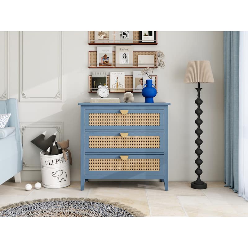 Roomfitters Rattan 3 Drawer Dresser, Boho Storage Chest with Woven Fronts for Bedroom, Living Room, Blue - Blue