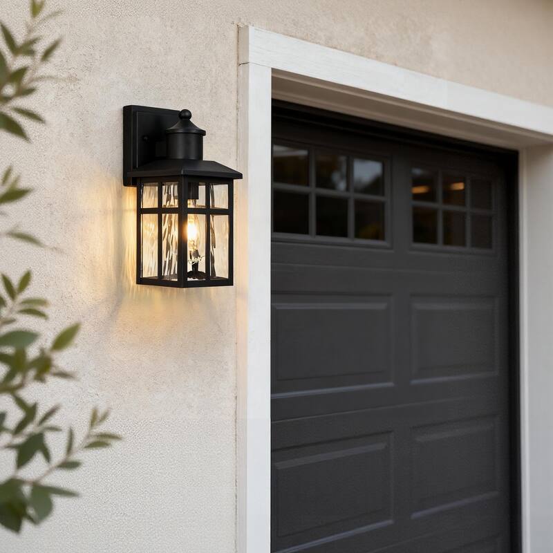 12 in. Black 1-Light Outdoor Wall Lantern Sconce with Water Wave Glass Shade