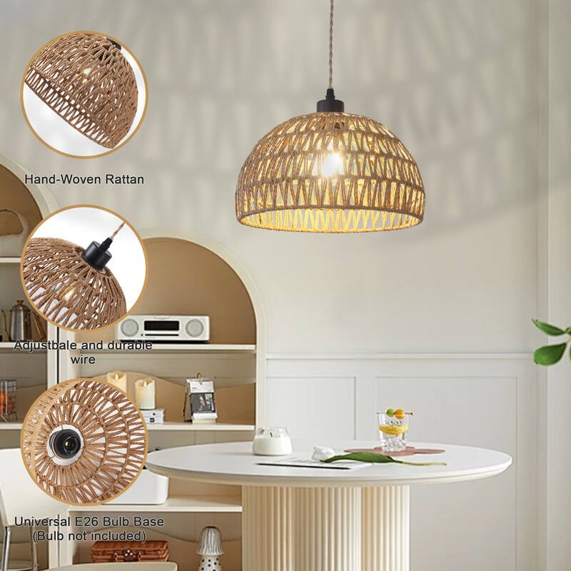 Plug in Handwoven Hemp Rope Lampshade Pendant Light with On/Off Switch