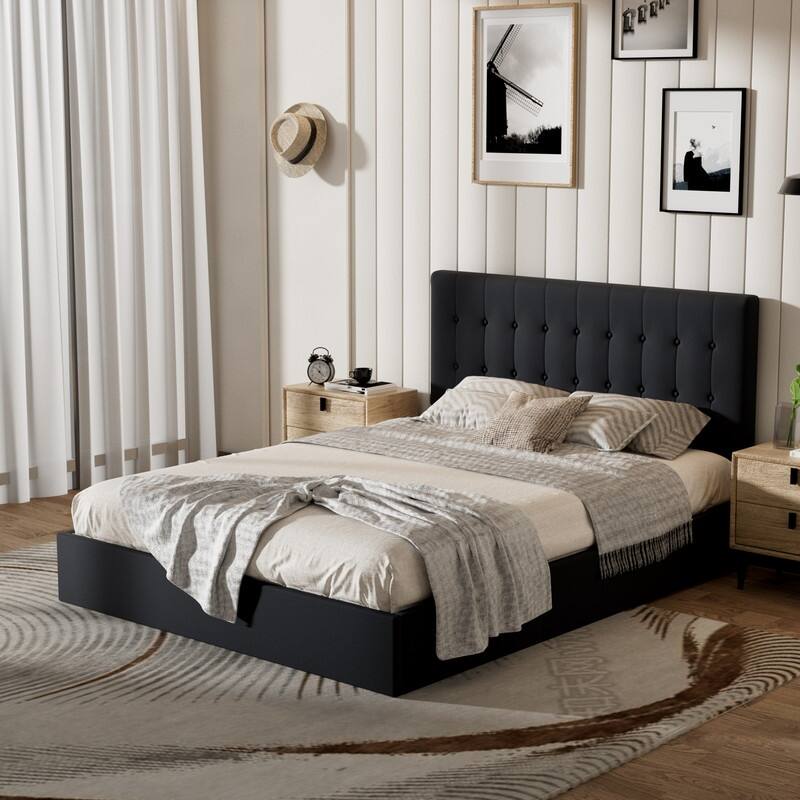 Plywood Frame Upholstered Platform Bed with Lift-up Storage - Black - Queen