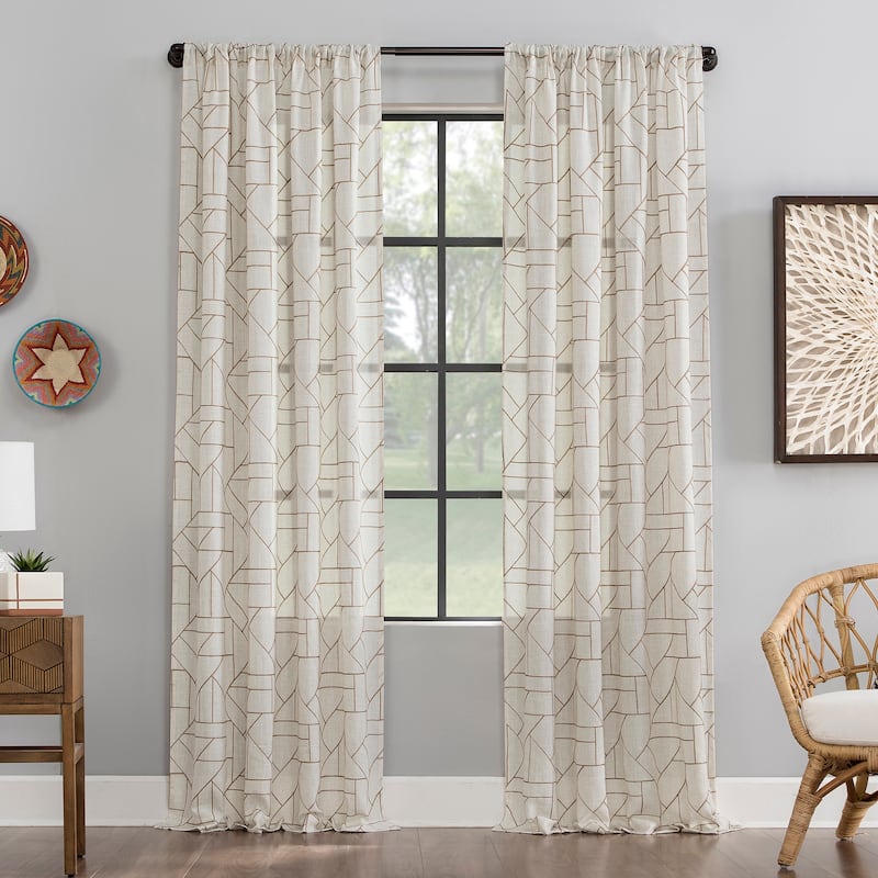Archaeo Jigsaw Embroidery Linen Blend Curtain, Single Panel - 50" x 108" - Mocha/Linen