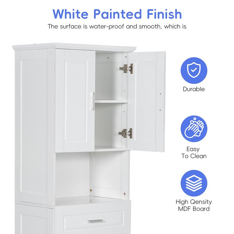 Tall Bathroom Linen Tower with Cabinet, Drawer and Hamper