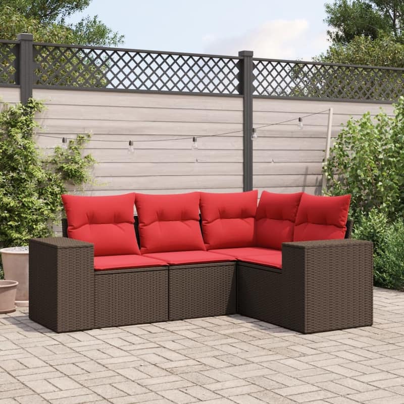 vidaXL 4 Piece Patio Sofa Set with Cushions Grey Poly Rattan - 24.4" x 24.4" x 27.2" - Brown and red Without table