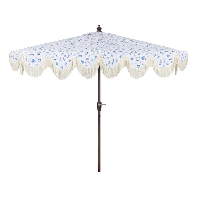 9ft Half Market Umbrella, Scalloped, Crank, Tilt, UV, by JONATHAN Y - Blue/White