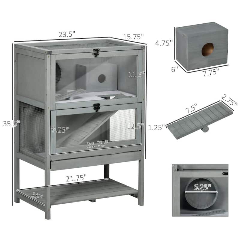 Grey Hamster Cage with Plexiglass Window and Running Wheel Ladder Ramp and Toys - 23.5" L x 15.75" W x 35.5" H
