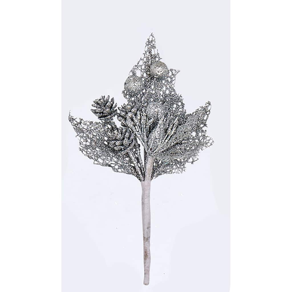 7" Mini Glitter Leaf & Cone Pick, Silver, Set of 6