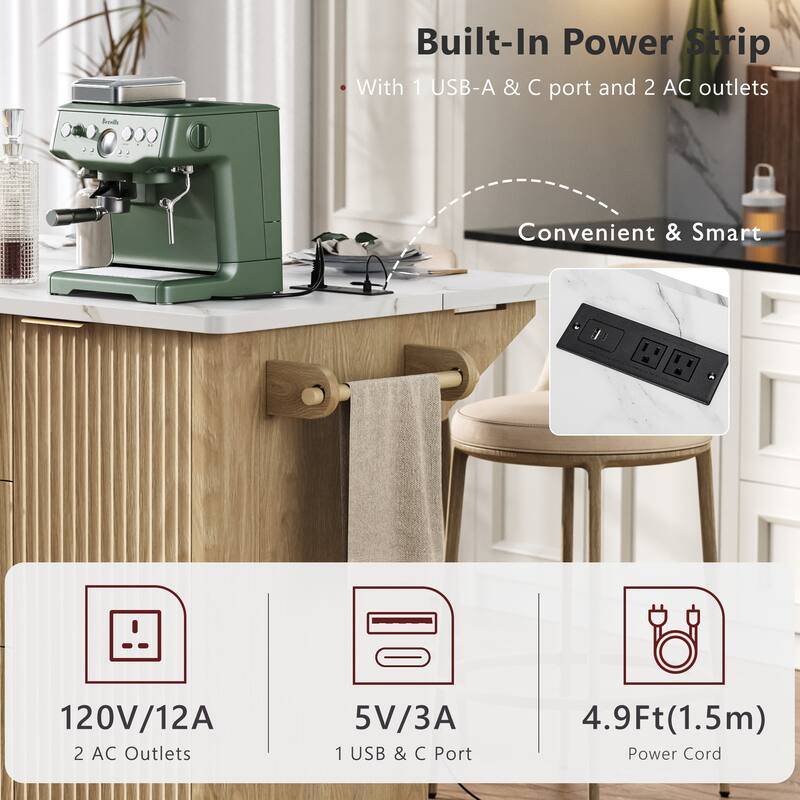 55.5" Storage Power Outlet Kitchen Island with Drop Leaf and 3 Drawers