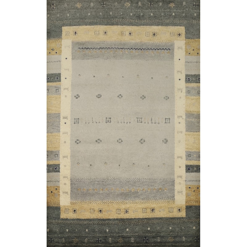 Hand Knotted Oriental 100% Wool Carpet Modern Geometric Greys & Charcoal Gabbeh Area Rug - 7' 9'' X 5' 6''