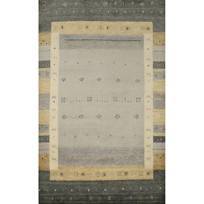 Hand Knotted Oriental 100% Wool Carpet Modern Geometric Greys & Charcoal Gabbeh Area Rug - 7' 9'' X 5' 6''
