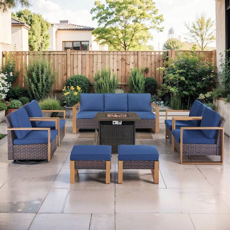 Pocassy Outdoor 30" Fire Pit Table with Sofa Swivel Chair Set - Brown Wicker Blue Cushion - 8-Piece Sofa Chair with Fire Table